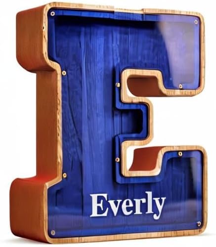 Customized Name Large Wooden Piggy Bank for Kids Boys Girls Alphabets Letter A-Z Coins Bills Money Change Bank Box Initial on Clear Cover (Laser Engraved) (Alphabet-Z, Personalized-9")