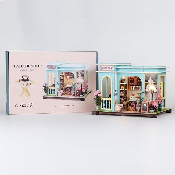 DIY Miniature House Kit,Tailor Shop Dollhouse Miniature Kit with LED & Furniture,Mini Diorama House Building Kit for Adults,3D Wooden Craft Tiny House Mini Model Kit,Home Decor Family Birthday Gifts