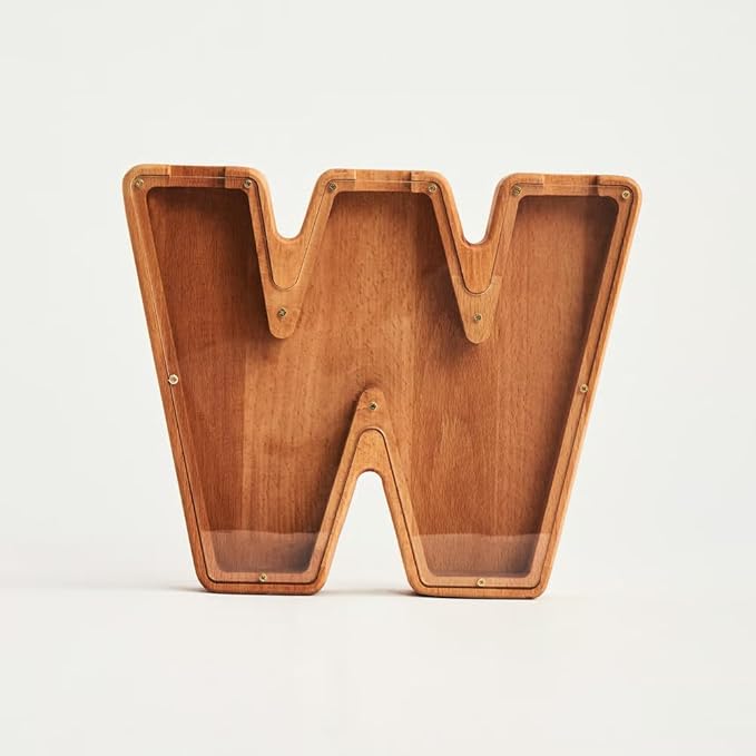 Personalized Wooden Piggy Bank – Custom Letter W Coin Bank in Beech Wood with Clear Acrylic Front, Engraved Name Option, Money Saving Box for Kids and Adults