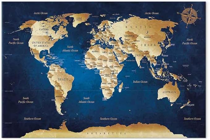 artgeist Canvas Wall Art Print World Map 35x24 in - 1pcs Home Decor Framed Stretched Picture Photo Painting Artwork Image World Travel Map k-A-0107-b-a