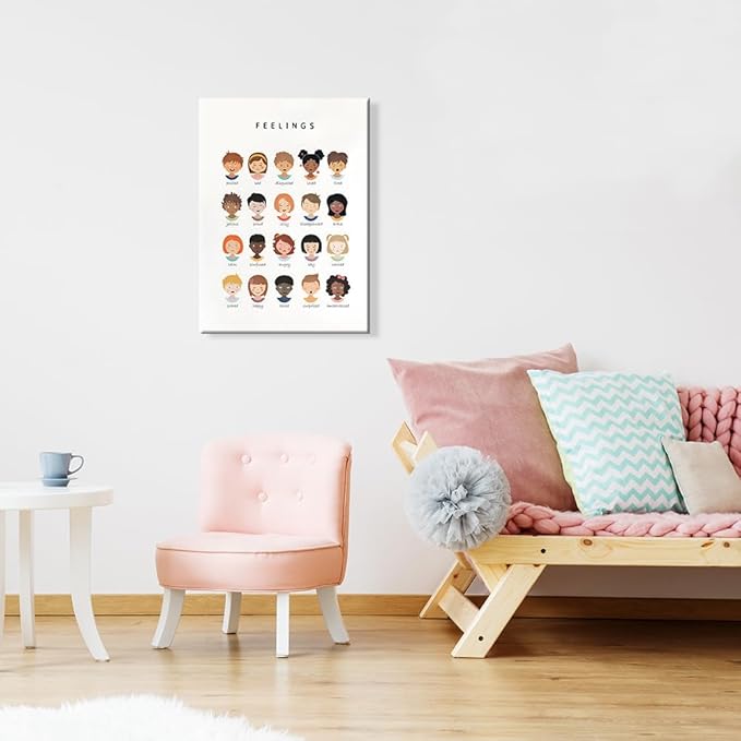 uoyien Feelings Chart And Emotions Poster For kids Mental Health Awareness Canvas Wall Art Special Emotions Faces Calm Corner Prints Classroom Social Worker Office Decor 16x22in Wood Framed