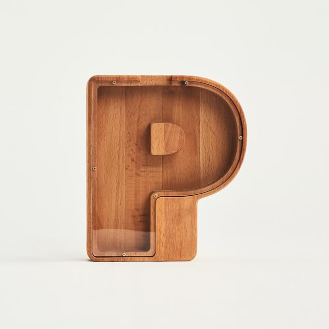 Personalized Wooden Piggy Bank – Custom Letter P Coin Bank in Beech Wood with Clear Acrylic Front, Engraved Name Option, Money Saving Box for Kids and Adults