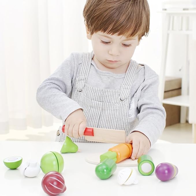 Velcro Fruit and Veggies for Kids Play Kitchen Cooking Toys Wooden Pretend Play Fruit Early Educational Learning for 3 Year Old Kids Toddler Boys Girls