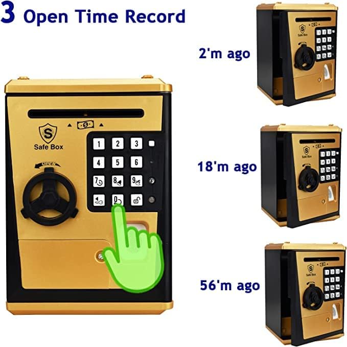 Toy Safe Box, ATM Piggy Bank, Money Coin Savings Bank, Great Gift for Children Kids (Golden/Black)
