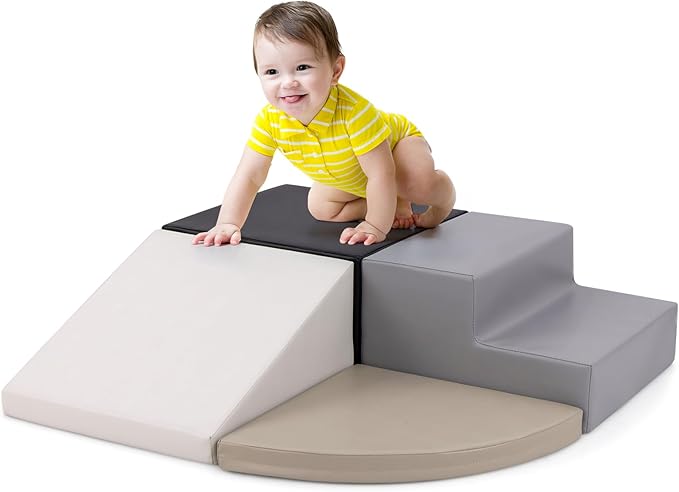 Costzon Climbing Toys for Toddlers, 4 Pieces Climb and Crawl Foam Kids Building Blocks for Children Development & Indoor Active Play, Soft Play Set for Newborn Infant Baby (Black & White & Gray)