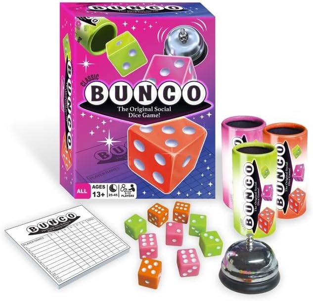 Continuum Games Retro Bunco Game Kit Party Box for Ladies Night 2-12 Players 3 Sets of Bunco Dice, Bell, and Score Pad for Game Night
