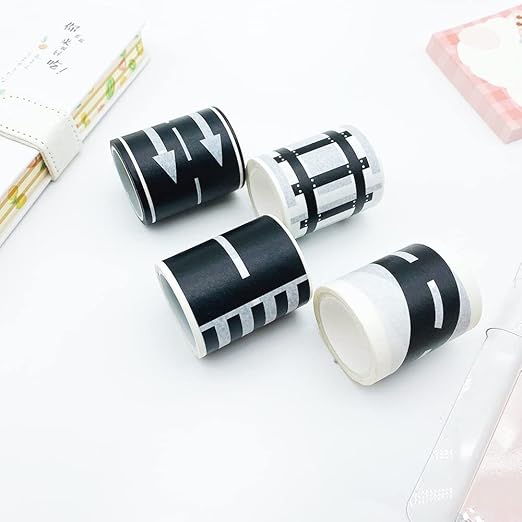 YUBX Highway Washi Tape Set 4 Rolls Black & White Decorative Masking Tapes for Arts, DIY Crafts, Journals, Planners, Scrapbook, Wrapping 50mm x 5m (2" x 16')