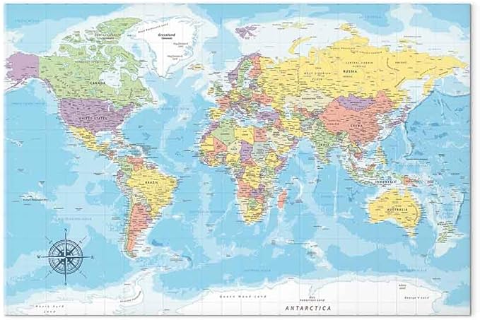 artgeist Canvas Wall Art Print World Map 35x24 in - 1pcs Home Decor Framed Stretched Picture Photo Painting Artwork Image Worldmap Continents Travel Gift k-C-0128-b-a