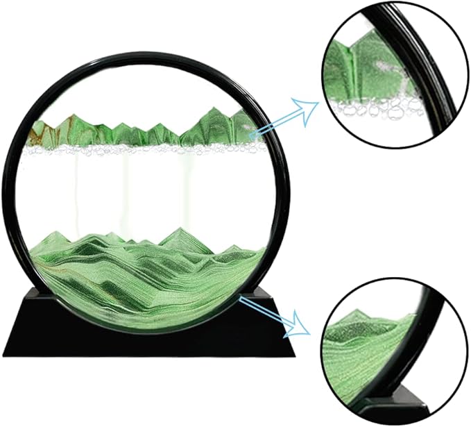 Aoderun Moving Sand Art Picture Round Glass 3D Deep Sea Sandscape in Motion Display Flowing Sand Frame Relaxing Desktop Home Office Work Decor (7", Green)