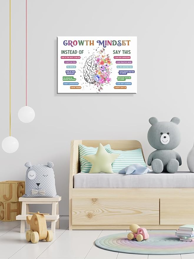 uoyien Classroom Growth Mindset Affirmations for Kids Mental Health Posters Brain Poster Psychology Special Education Calm Corner Wall Art Office Therapy Canvas Wall Decor Prints 12x16in Wood Framed