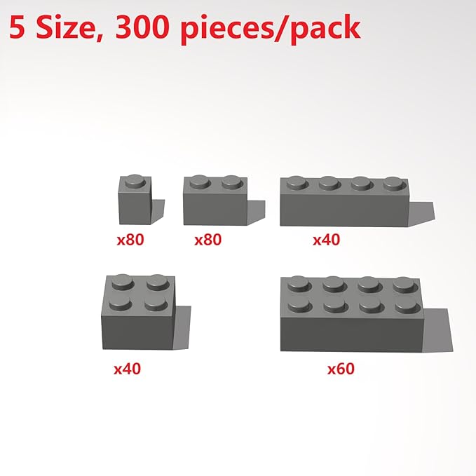 300Pcs Building Brick Bulk, Dark Gray Bulk Bricks with 5 Sizes, Compatible with Lego and Parts and Pieces, Creative Halloween Christmas Building Block Toys for Boys Girls Ages 6 7 8 9 10 Years Old