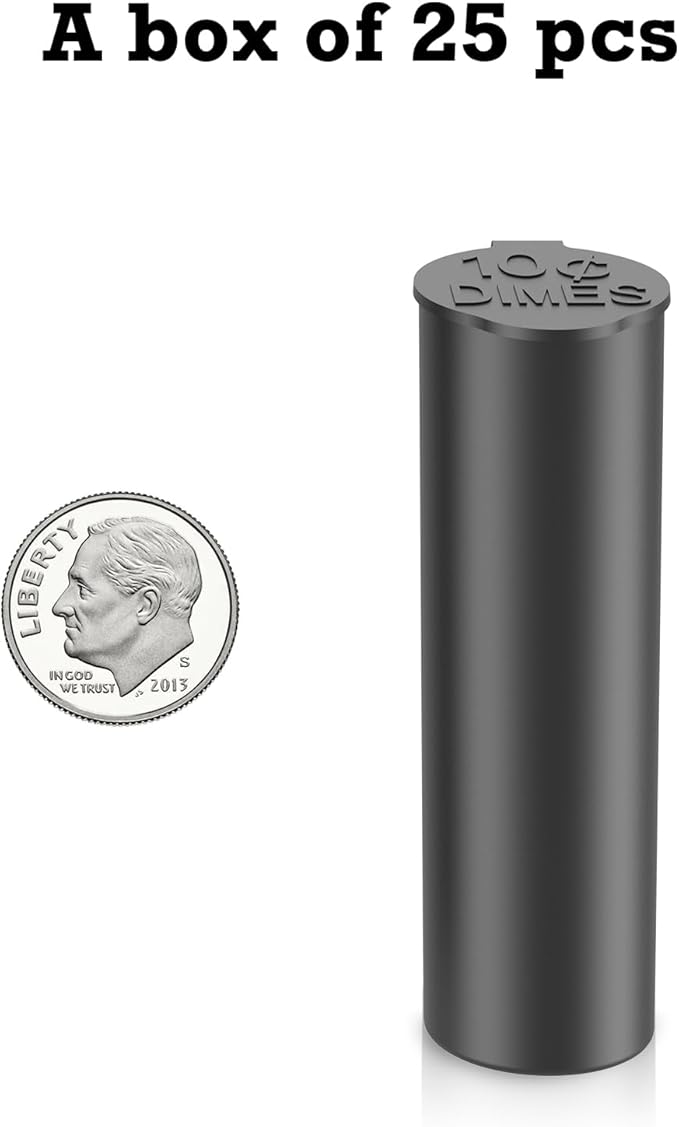 Coin Storage Tubes Set,50 Coins per Tube, Durable Plastic ，Dimes, Black ，a Box 25pcs