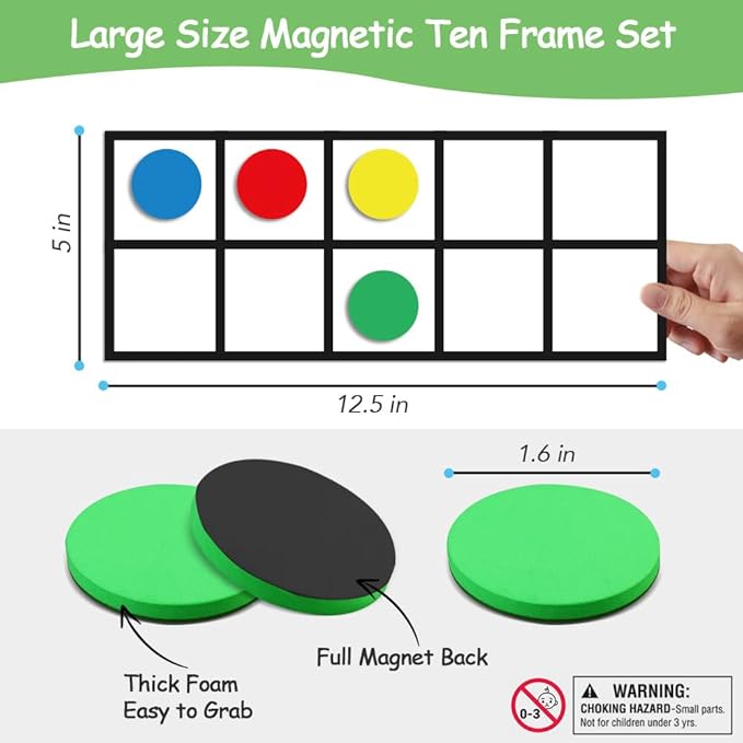 Big Magnetic Ten Frame Set, Opret 52 Pieces Math Manipulatives for Elementary, Kindergarten Classroom Must Haves Math Games with Storage Bag, Ages 5+, 4 Frames, 44 Counters, 2 Plus and 2 Minus
