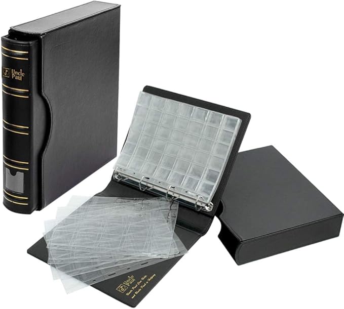Uncle Paul Coin Storage Leather Binder with Slipcase Set - Assorted 4 Sizes Pocket Pages, 12 Pages Coin Collection Book for Global Travel, All in One 4-Ring Coin Album for Journal 9.6"x 11.8" BC01