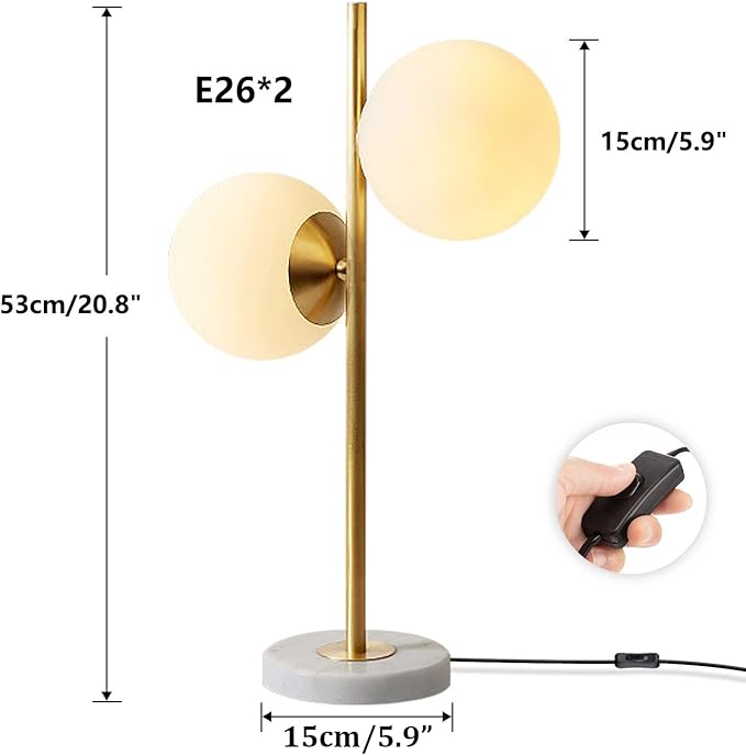 KCO Lighting Mid-Century Modern Table Lamp 2-Light Frosted Glass Globe Desk Lamp with Brushed Brass Finished Nightstand Bedside Lamp