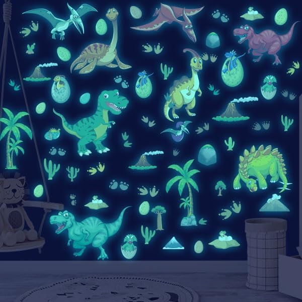 Glow in The Dark Dinosaur Wall Decals, Glowing Dinosaur Wall Stickers Colorful Large Removable self-Adhesive Decal for Ceiling Boys Bedroom Kids Baby Nursery Living Room Decoration