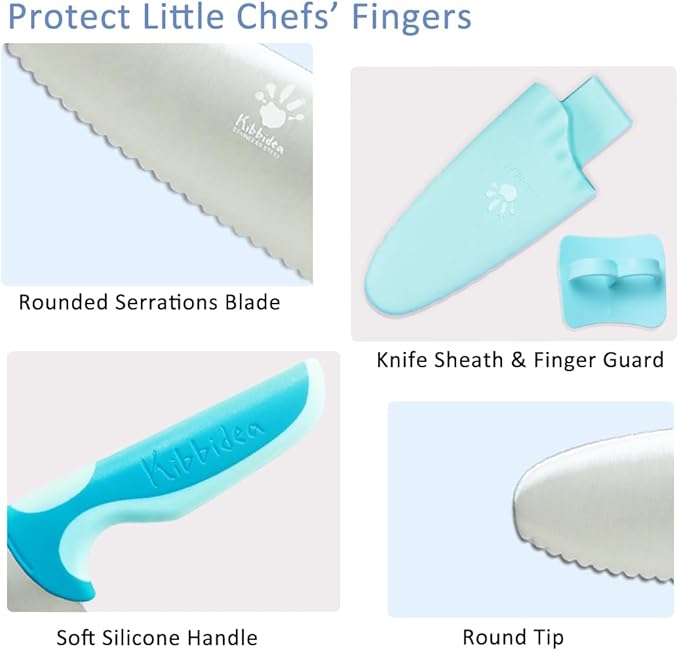 Kibbidea Kids Knife Set - 4 Pcs Kids Safe Cooking Knives, Round Tip, BPA-Free, Stainless Steel, Blue