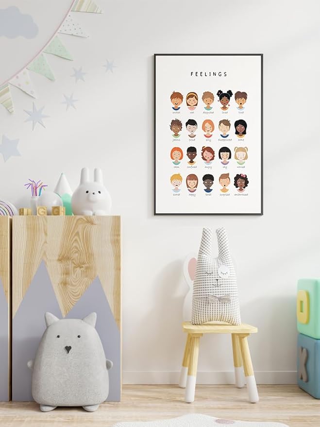 uoyien Feelings Chart And Emotions Poster For kids Mental Health Awareness Canvas Wall Art Special Emotions Faces Calm Corner Prints Classroom Social Worker Office Decor 16x22in Metal Framed