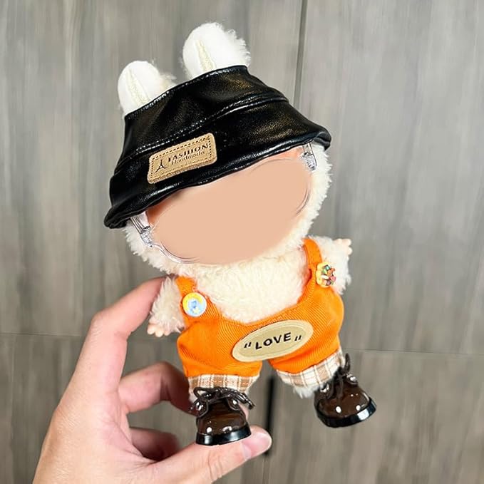 17cm Doll Clothes Set(No Doll), Hat & Overalls Set for 17cm Labubu Suit, Cute Cloth for Dress up Unique Style Dolls Outfit Stylish Clothes for Labubu (Orange Suit)