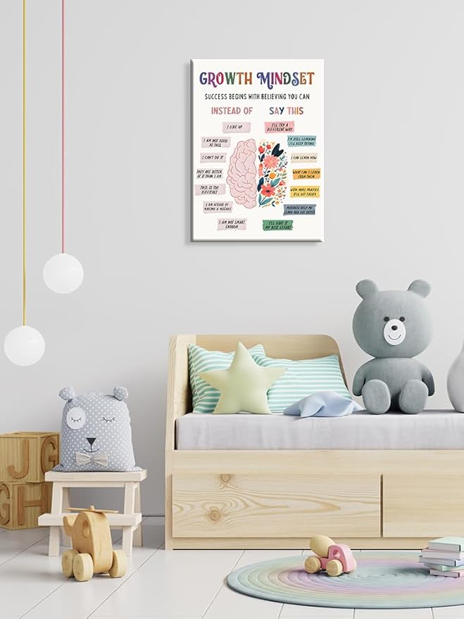 uoyien Growth Mindset Mental Health Posters Classroom Counseling Room Therapy Wall Decor Affirmations Quotes Canvas Wall Art Kids Special Educational Brain Neurodiversity Prints 16x22in Wood Framed
