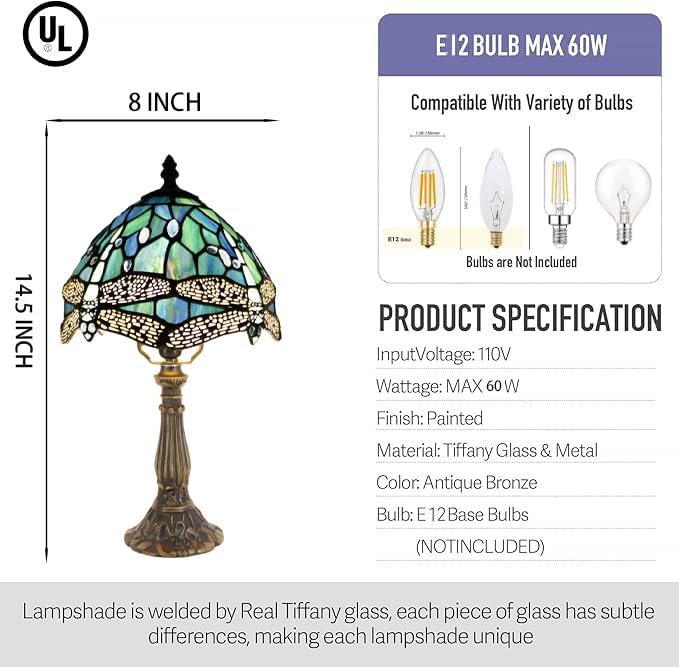 Small Tiffany Lamp Mini Accent Table Lamp Stained Glass Desk Memory Lamp Sympathy 8X14.5 Inch (Sea Blue Dragonfly Style)