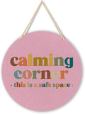 Calming Corner Hanging Wood Sign - Safe Space, Classroom Decor, School Counselor Office, Calm Down Corner Decorations, Boho Style, 10x8 Round Pink