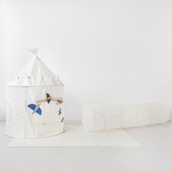 3 Sprouts Kids Play Tunnel - Pop Up Collapsible Tunnels with Recycled Fabric - Fun Crawling Tunnel for Toddler, Baby, Children to Crawl Through, Gross Motor Toy for Indoor Play - Blueberry Ivory