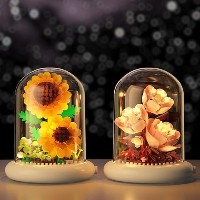 Botanical Flower Micro Blocks Set for Adults and Teens,600 PCS Mini Bricks Artificial Flowers with Light for Birthday and Gift, Lily, Sunflower and Tulip