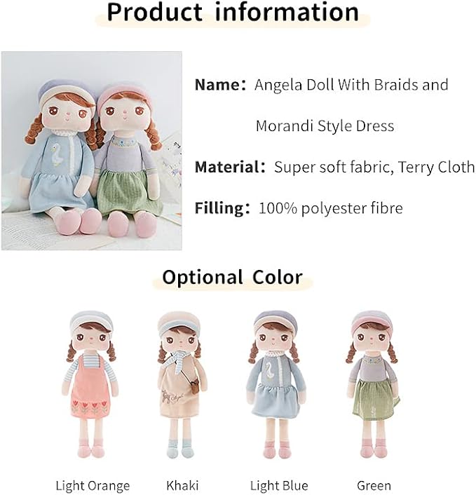 16" Exclusive New MeToo Princess Doll, Cute Pigtail-Girl with a Hat Plush Doll, Soft Dolls Baby Doll Girl Gifts, Non-Toxic Soft Skin-Friendly PP Cotton Plush Stuffed Angela Doll (Khaki)