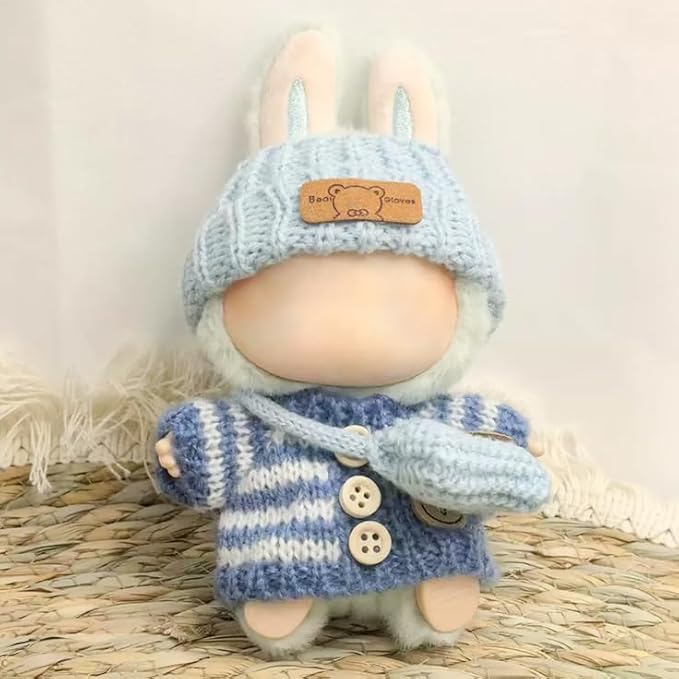 Clothes for 17cm Dolls Accessories Crochet 3 Piece Set Outfits for Doll(Blue Sweater)
