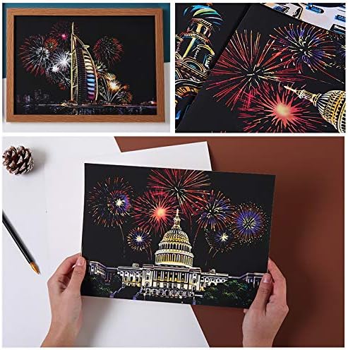 Scratch Art for Kids & Adult, Rainbow Engraving Painting Landscape Scratchboard(A4) Crafts Set: 8 Sheets 4 tools - Congress Building, Burj Al Arab, Eiffel Tower, Big Ben, Moscow(Fireworks / Building)
