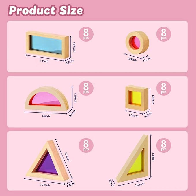 Wooden Rainbow Building Blocks for Kids 48 Pcs Wooden Blocks for Toddlers Rainbow Stacker Stacking Blocks Preschool Educational Toys -Geometry Blocks for Boys Girls