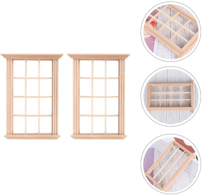 DOITOOL 2Pcs 1: 12 Dollhouse Window Frame Dollhouse Miniature Furniture Mini Wooden Window Frame DIY Dollhouse Bedroom Accessories, 3.3 x 4.5inch
