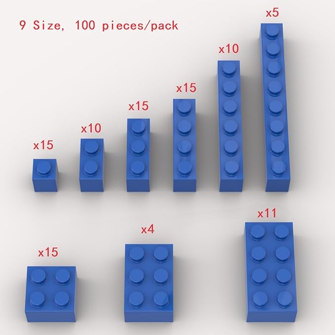 100 Piece Blue Bricks Bulk Assortment Pack, 9 Size Blue Classic Building Blocks, Compatible with Lego Parts