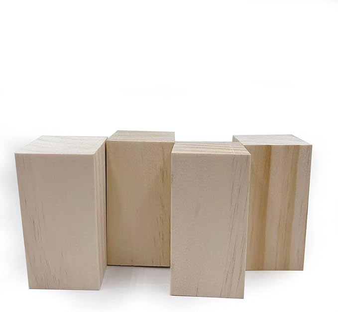 4 Inch Wood for Carving, 4 PCS Unfinished Wood Craft Cubes, Rectangular Wooden Blocks for DIY Carving, Large Unfinished Whittling Wood Blank Blocks for Kids or Adults (4×2×2Inch)
