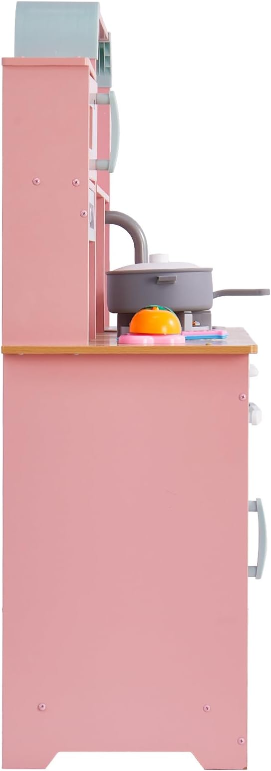 VEVOR Wooden Play Kitchen Toy, Play Kitchen for Kids with Lights and Sounds, Toddler Kitchen with Ice Maker, Oven, Sink, Microwaves, Fridge and Utensil and Fruit Accessory for Toddlers Ages 3-8, Pink