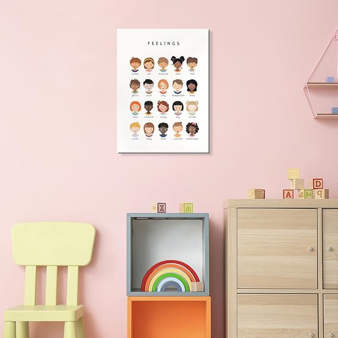 uoyien Feelings Chart And Emotions Poster For kids Mental Health Awareness Canvas Wall Art Special Emotions Faces Calm Corner Prints Classroom Social Worker Office Decor 16x22in Wood Framed