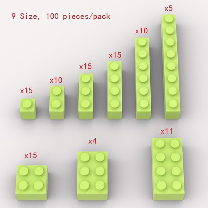 100 Piece Grass Green Classic Building Blocks, Compatible with LEGO, 9 Sizes, A0001