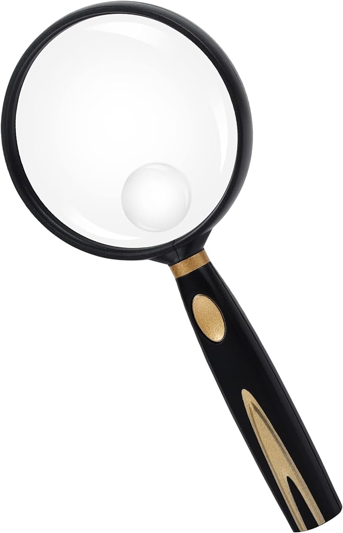 Feosky Handheld Reading Magnifier, 10X 30X Magnifier, 75mm Shatterproof Lens, Non-Slip Handle for Adults Close Work, Seniors Reading and Kids Nature Exploration, Hobby Observation(Gold)