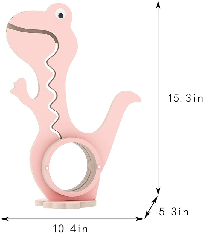 A3 Dinosaur Piggy Bank for Kids Boys Girls, Wooden Coin Bank with Large Clear Acrylic Belly, Cute Money Savings Box Toy Gift for Toddlers Birthday Christmas (Pink)