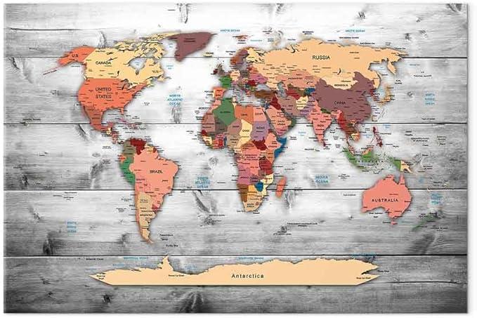 artgeist Acoustic Canvas Wall Art Print World Map 35x24 in - 1pcs Picture with Acoustic Foam Sound Print Artwork Room Acoustics Soundproofing World Travel Map Wood k-B-0009-b-c