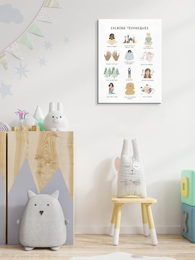 uoyien Calming Corner Classroom Mental health Poster Feelings Calming Techniques Canvas Wall Art Boho Emotions Chart for Kids Prints Special Education Wall Decor for School 16x22in Wood Framed