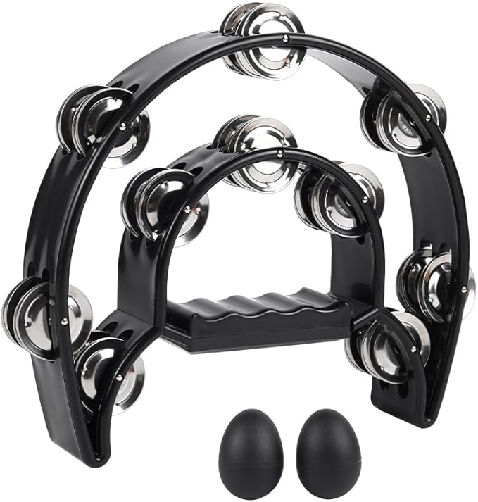 Tambourine Double Row Metal Jingles Bell Hand Held Percussion Half Moon Tambourines Musical Instrument for Adults Kids Party, KTV, Events, Church (Black)