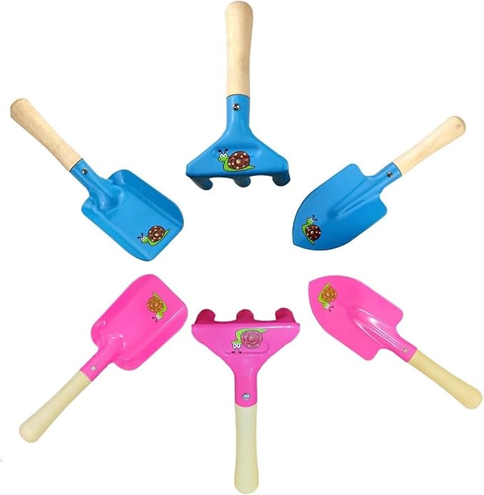 Kids Gardening Set Wooden Handle, 6 Piece (Pink+Blue), Kids Beach Shovel Set, Sandbox Play Toy and Garden Hand Tool