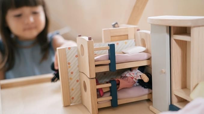 PlanToys Neo Line of Wooden Dollhouse Furniture - Children's Room (7304) | Sustainably Made from Rubberwood and Non-Toxic Paints and Dyes