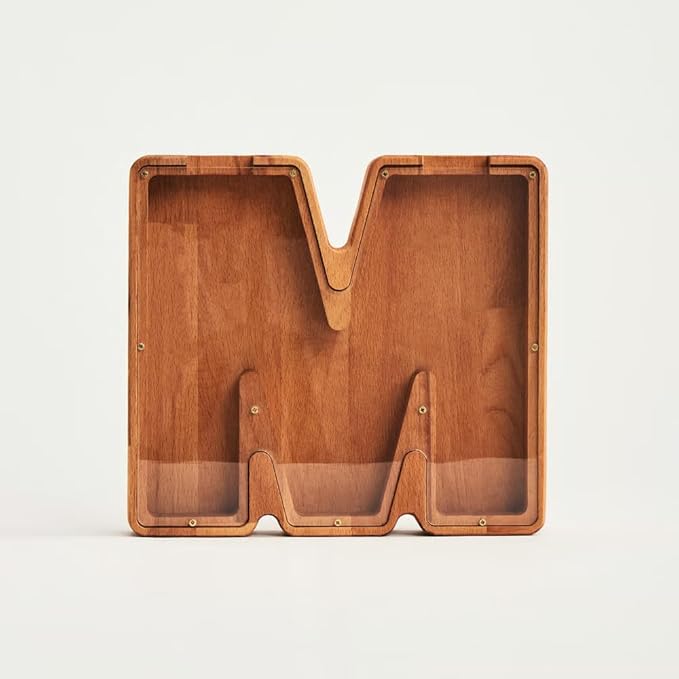 Personalized Wooden Piggy Bank – Custom Letter M Coin Bank in Beech Wood with Clear Acrylic Front, Engraved Name Option, Money Saving Box for Kids and Adults