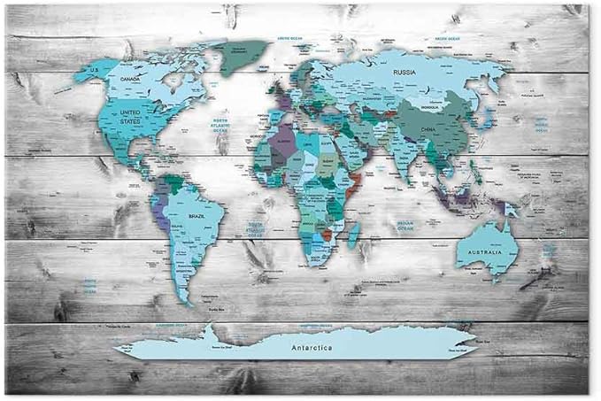 artgeist Canvas Wall Art Print World Map 35x24 in - 1pcs Home Decor Framed Stretched Picture Photo Painting Artwork Image World Travel Map Wood k-B-0009-b-d