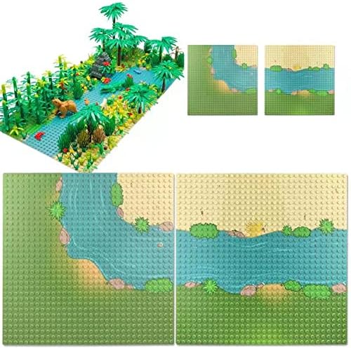 Baseplates Grassland Field and River Pattern 10"x10" Brick Building Block Classic Base Plate Toy for City Roads,Farm,Garden Etc Tight fit Major Brands(1x Straight and 1x Curve)