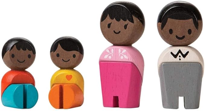 PlanToys® Wooden Family Doll Figures – Dark Skin Tone | Montessori Wooden People Posable Figurines for Dollhouse, Pretend Play & Imaginative Play (1:12 Scale)