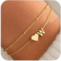 M MOOHAM Initial Heart Bracelets for Women - Layered Dainty 14K-Gold-Plated Heart Letter A-Z Charm Bracelets for Women, Chain Link Charm Bracelets Beaded Bracelets Birthday Gifts Womens Jewelry